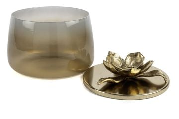 Kahverengi Lotus Gold Kapaklı Dekoratif Cam Kase  24x21cm