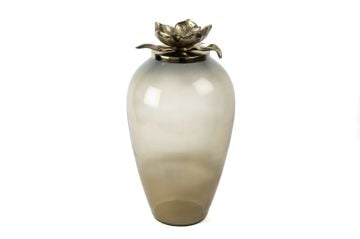 Kahve Saydam Cam Lotus Gold Kapaklı Küp 48x26cm