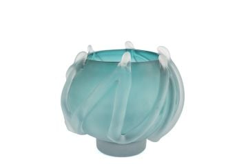 Turkuvaz Mat Kabartmalı Cam Yuvarlak Vazo 27x22cm