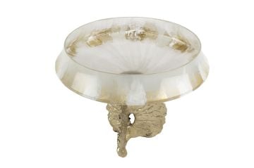 Beyaz Cam Bej El Boyaması Gold Ayaklı Dekoratif Kase 34x26cm