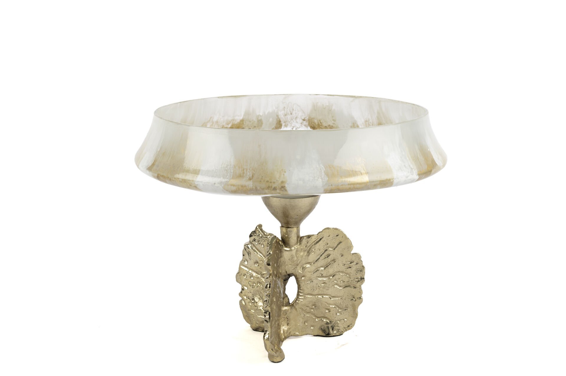 Beyaz Cam Bej El Boyaması Gold Ayaklı Dekoratif Kase 34x26cm