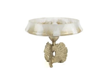 Beyaz Cam Bej El Boyaması Gold Ayaklı Dekoratif Kase 34x26cm