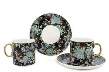 Garden Siyah 2li Pasta Tabaklı Çay Fincan Seti 6 Parça 180cc