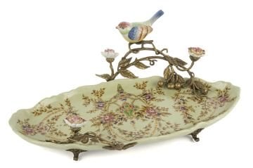 Yeşil Gül Desenli Oval Ayaklı Tabak 40x26x15cm