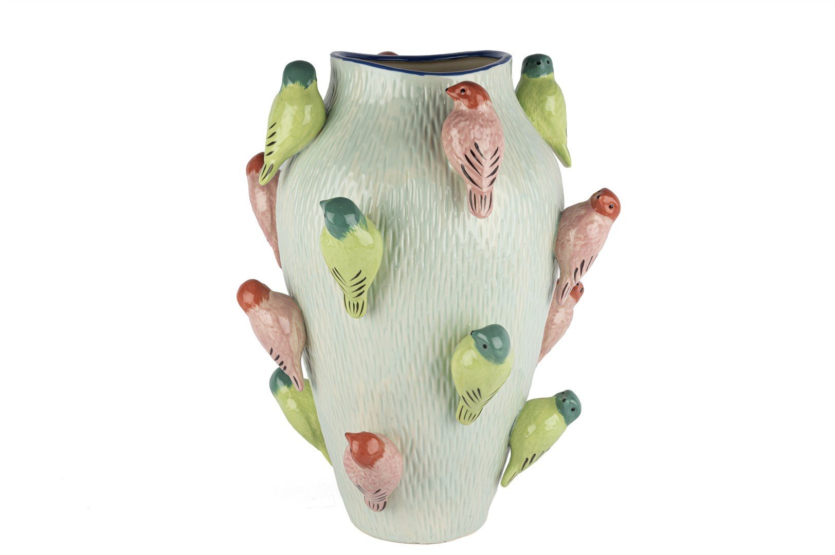 Mavi Renkli Kuş Kabartmalı Vazo 35x42cm