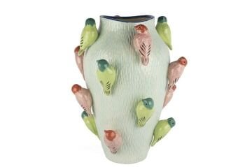 Mavi Renkli Kuş Kabartmalı Vazo 35x42cm