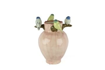 Pembe Renkli Kuş Kabartmalı Vazo 21x32cm