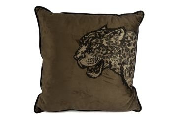 Leopar Kafası Nakışlı Kahve Yastık Kırlent 55x55