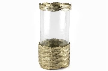Eskitme Gold Yaprak Standlı Cam Mumluk 16x34cm