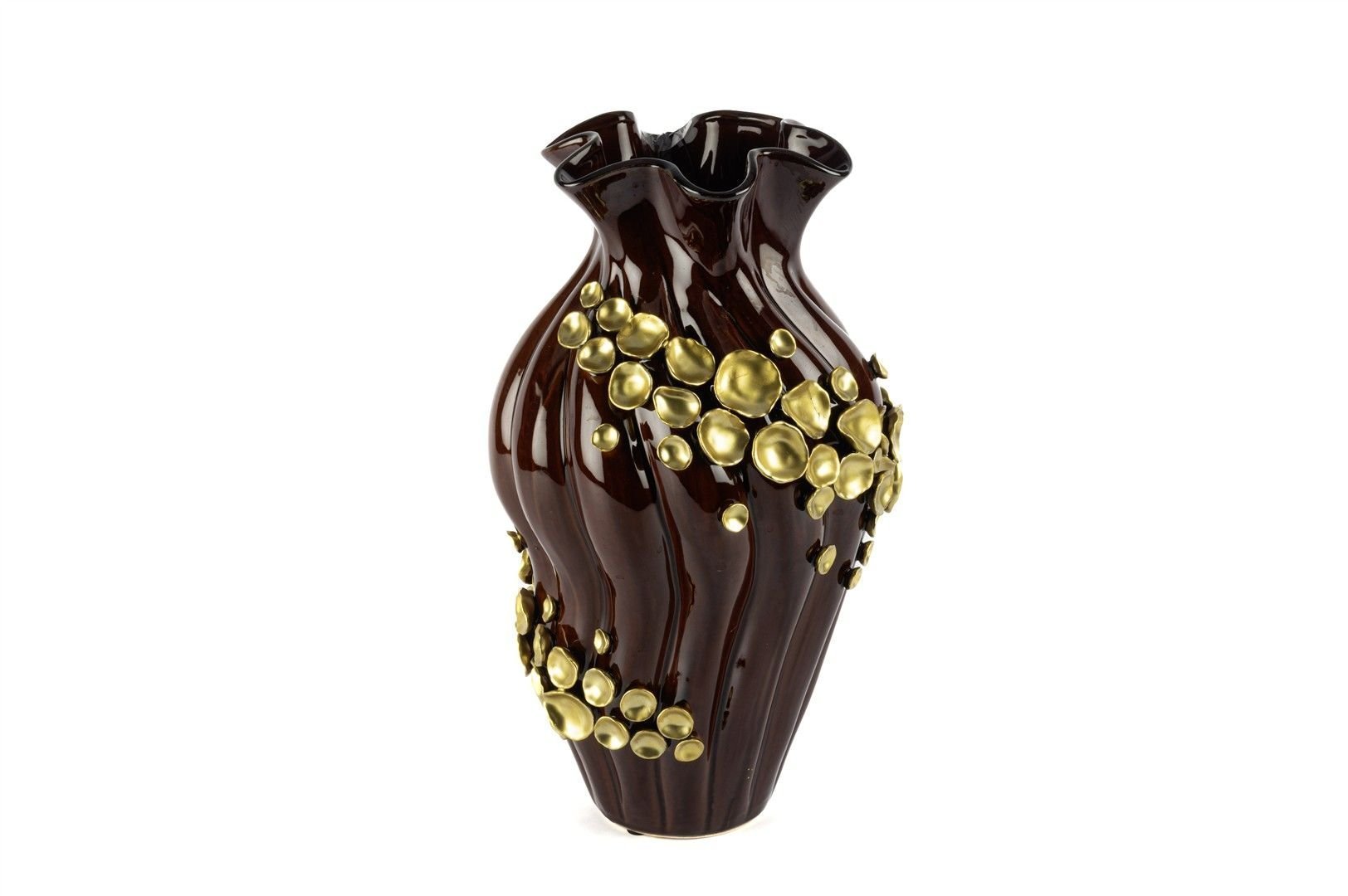 Kahve Gold Çiçek Kabartmalı Vazo 23x40cm