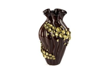 Kahve Gold Çiçek Kabartmalı Vazo 23x40cm