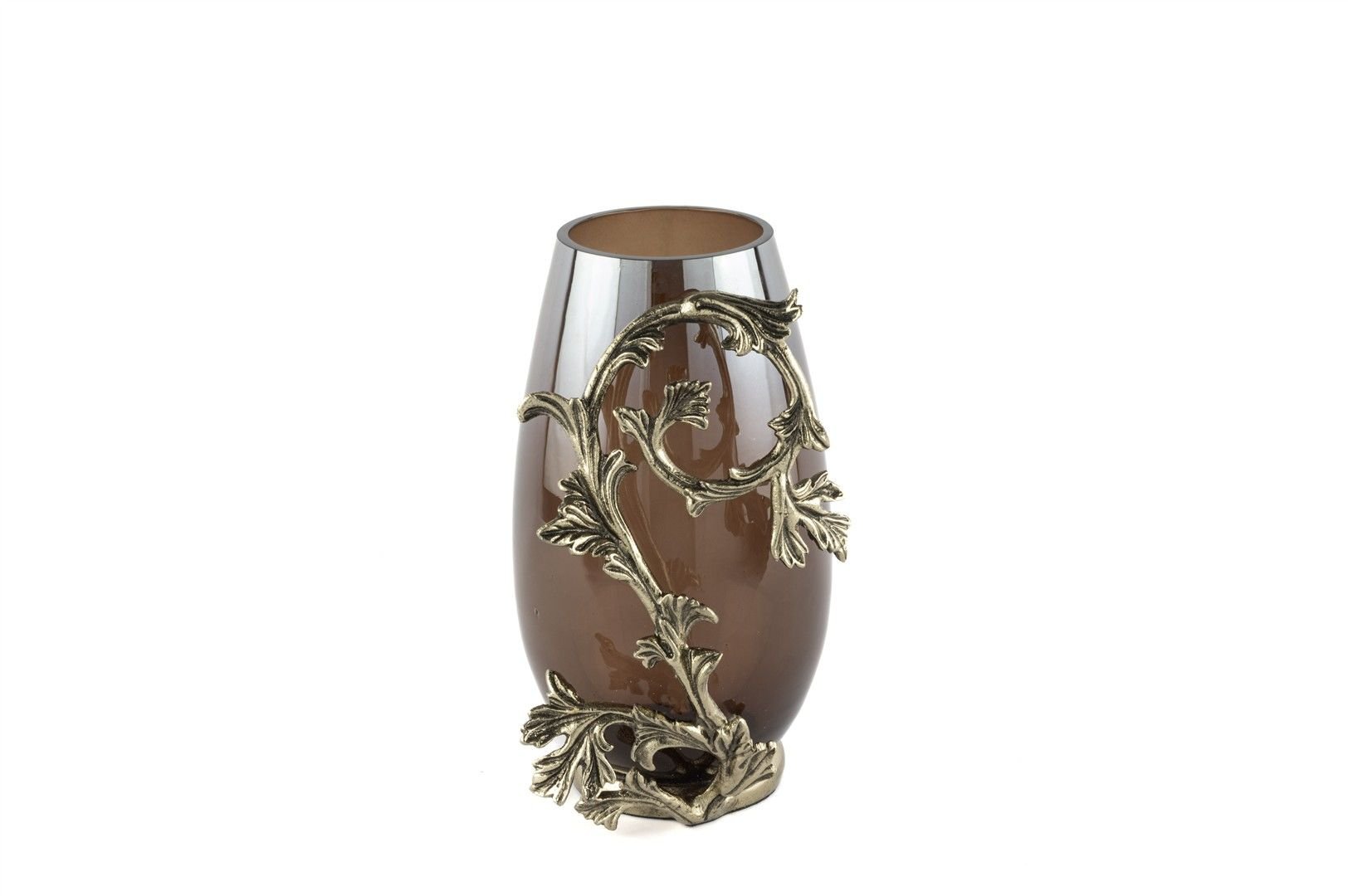 Antik Gold Yapraklı Kahve Cam Vazo 14x24cm