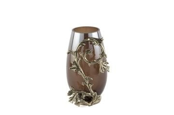 Antik Gold Yapraklı Kahve Cam Vazo 14x24cm