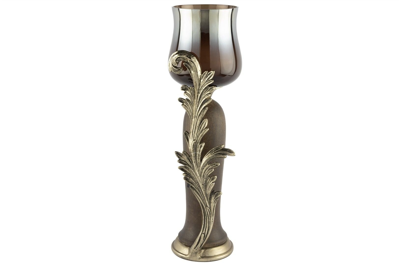 Antik Gold Yapraklı Kahve Cam Mumluk 14x44cm