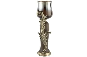 Antik Gold Yapraklı Kahve Cam Mumluk 14x44cm