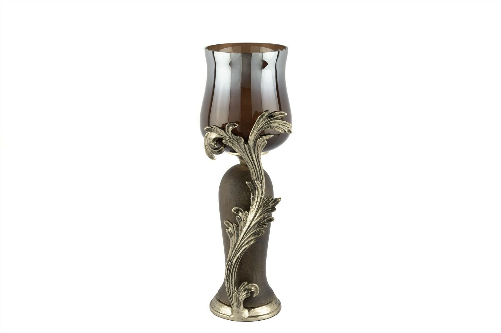 Antik Gold Yapraklı Kahve Cam Mumluk 14x37cm