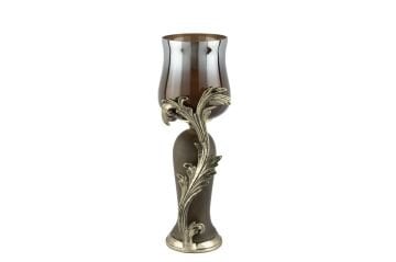 Antik Gold Yapraklı Kahve Cam Mumluk 14x37cm
