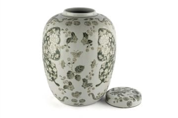 Yeşil Beyaz Kelebekli Kapaklı Vazo 25x32cm