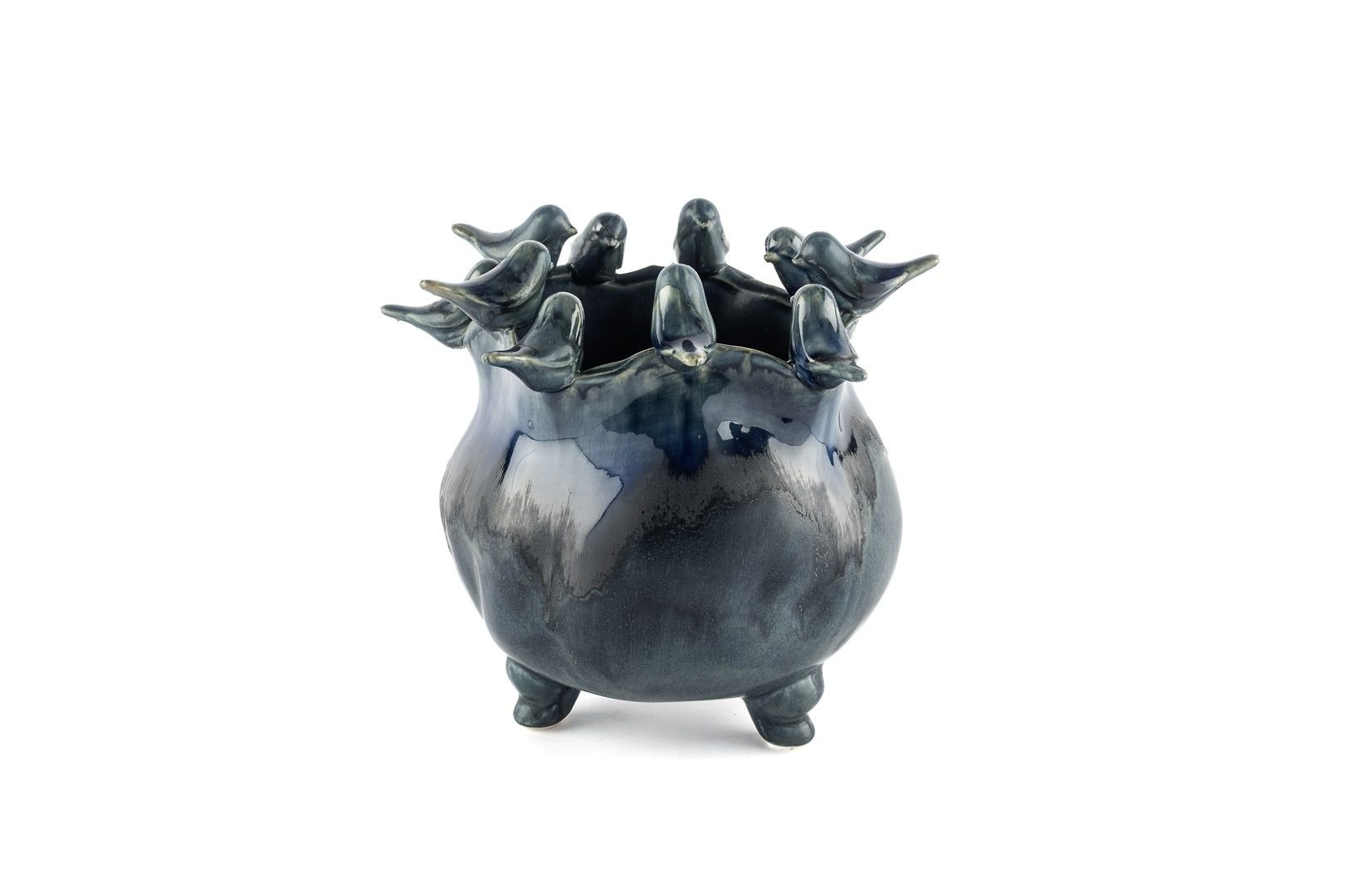 Kuşlu Lacivert Vazo 21x20cm