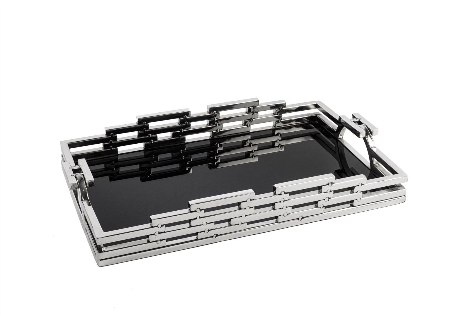 Gümüş Metal Siyah Camlı Tepsi 43x26x6cm