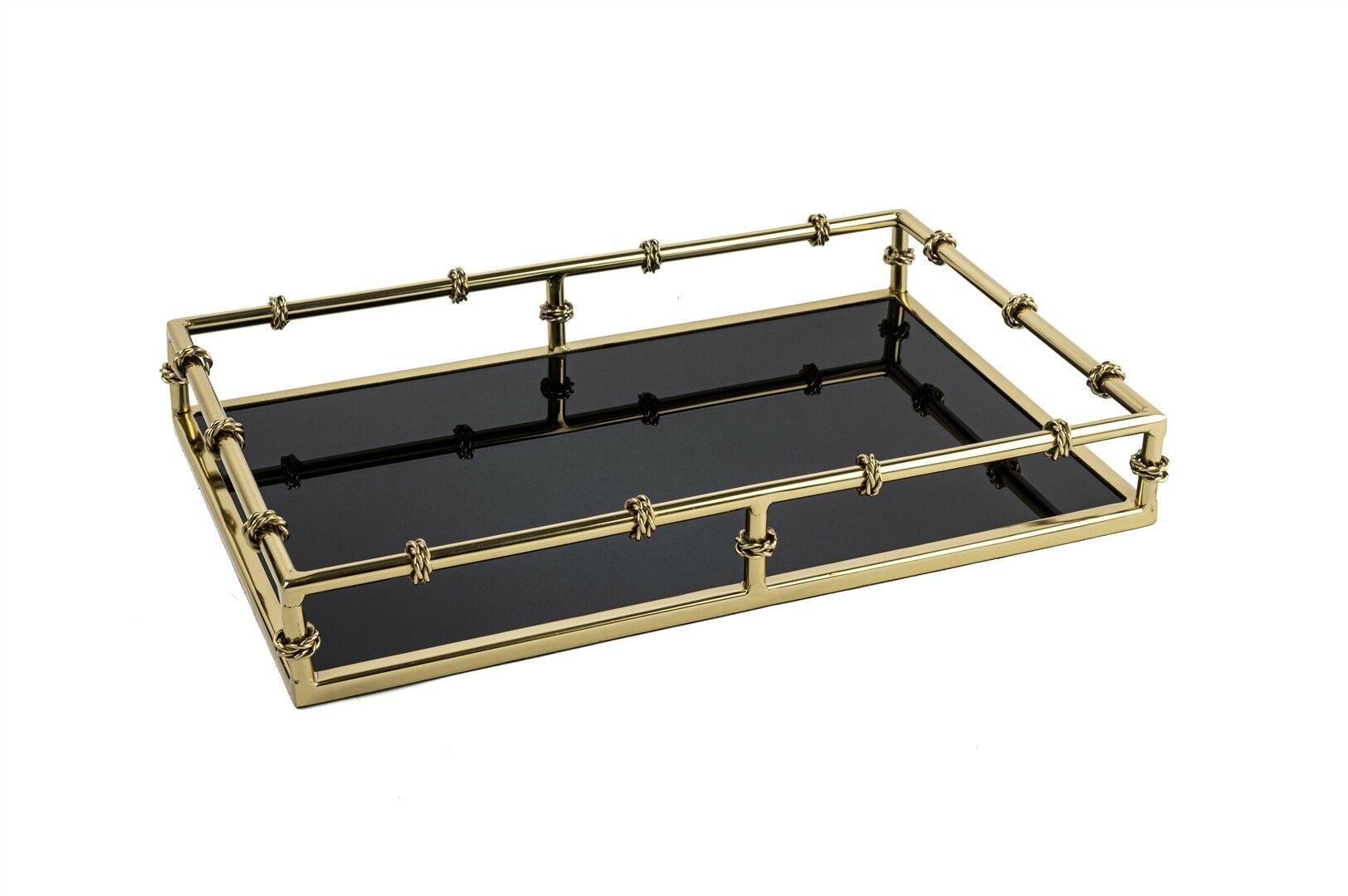 Gold Metal Siyah Camlı Tepsi 41x26x6cm