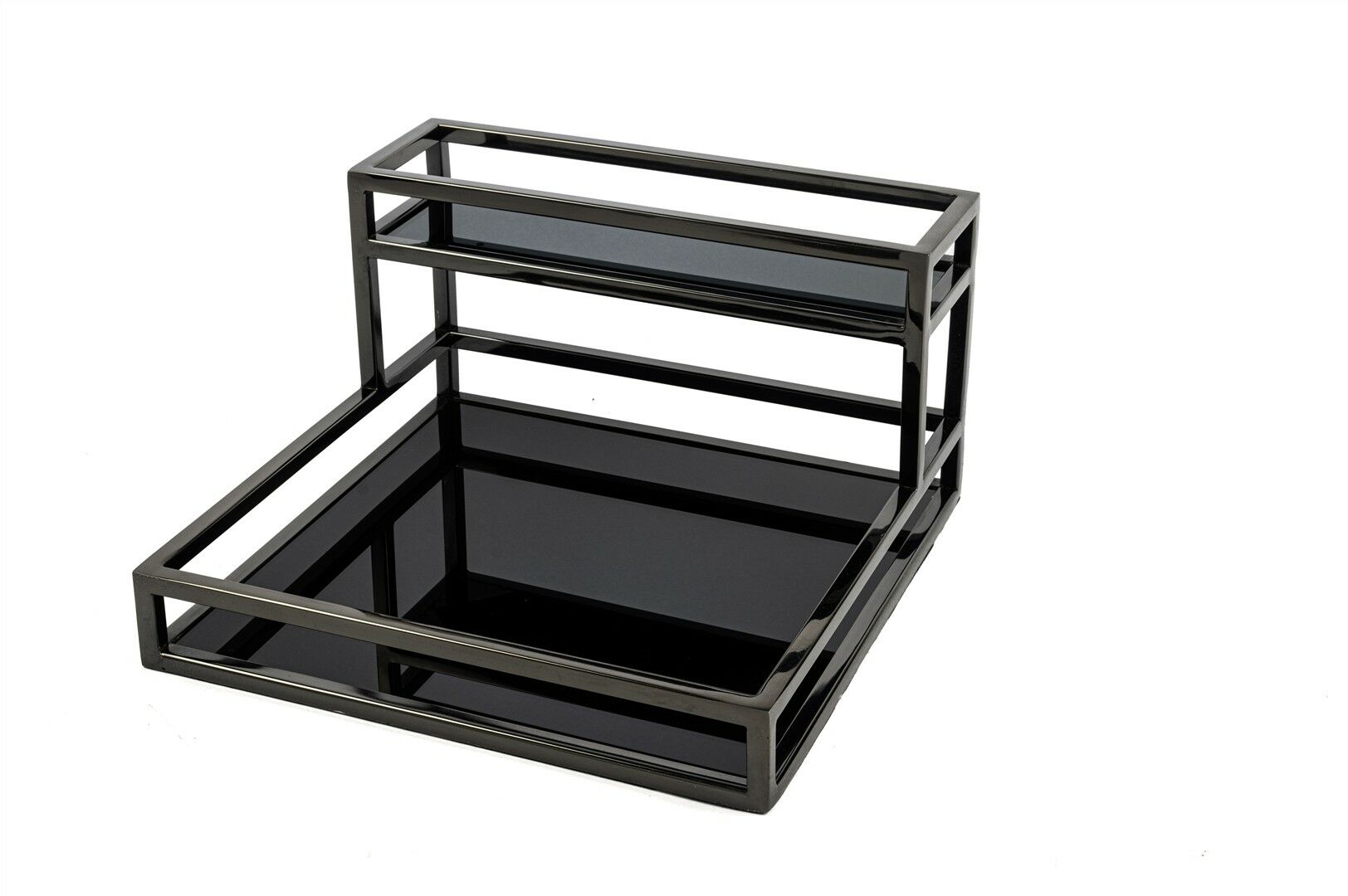 Siyah Gümüş Metal 2Katlı Aynalı Sunum Tepsisi 30x30x17cm