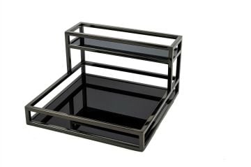 Siyah Gümüş Metal 2Katlı Aynalı Sunum Tepsisi 30x30x17cm