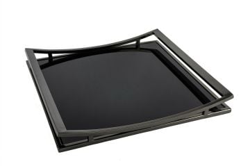 Siyah Metal Kare Siyah Camlı Tepsi 40x40x5cm