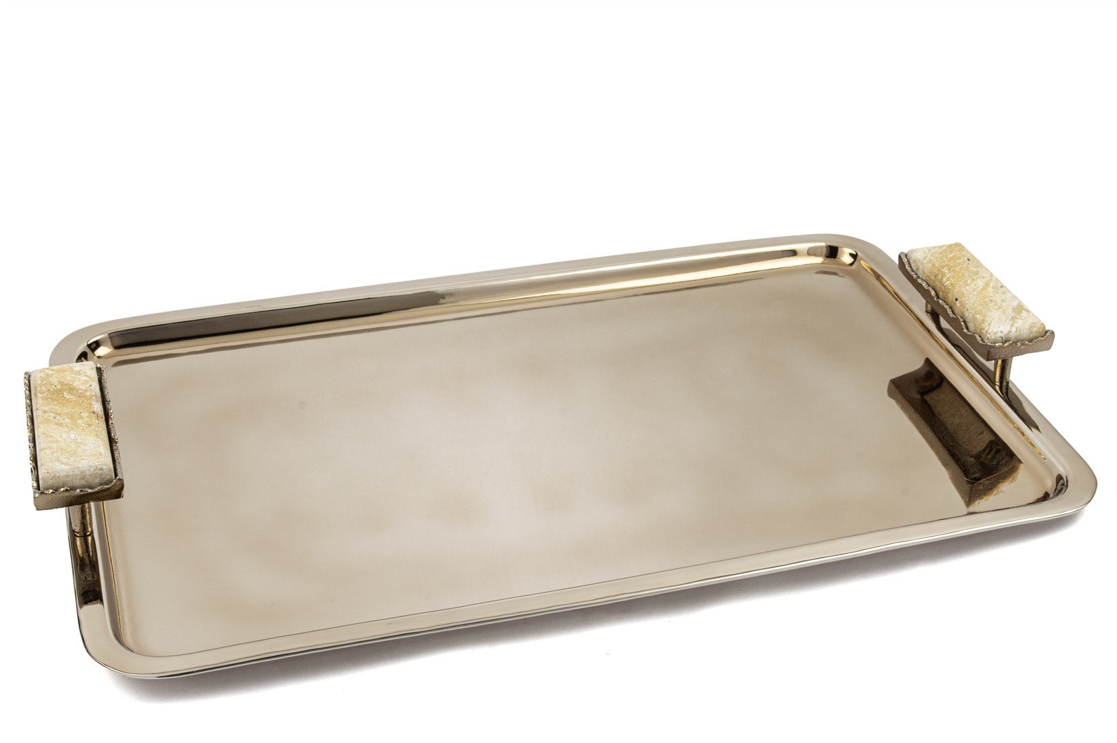Bronz Traverten Mermer Kulplu Tepsi 63x38x8cm