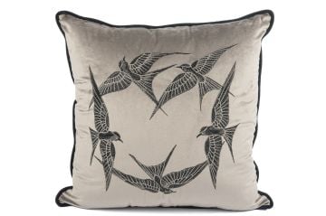 Isla gri kadife yuvarlak kuşlar 55x55 yastık