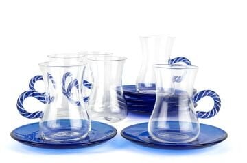 6lı Mavi Kulplu Cam Çay Seti