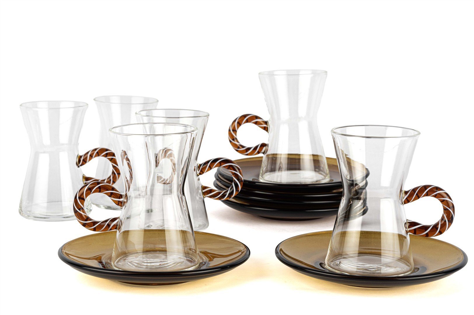 6lı Amber Kulplu Cam Çay Seti