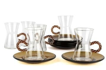 6lı Amber Kulplu Cam Çay Seti