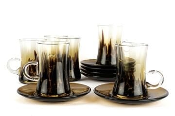 6lı Amber Siyah Cam Çay Seti