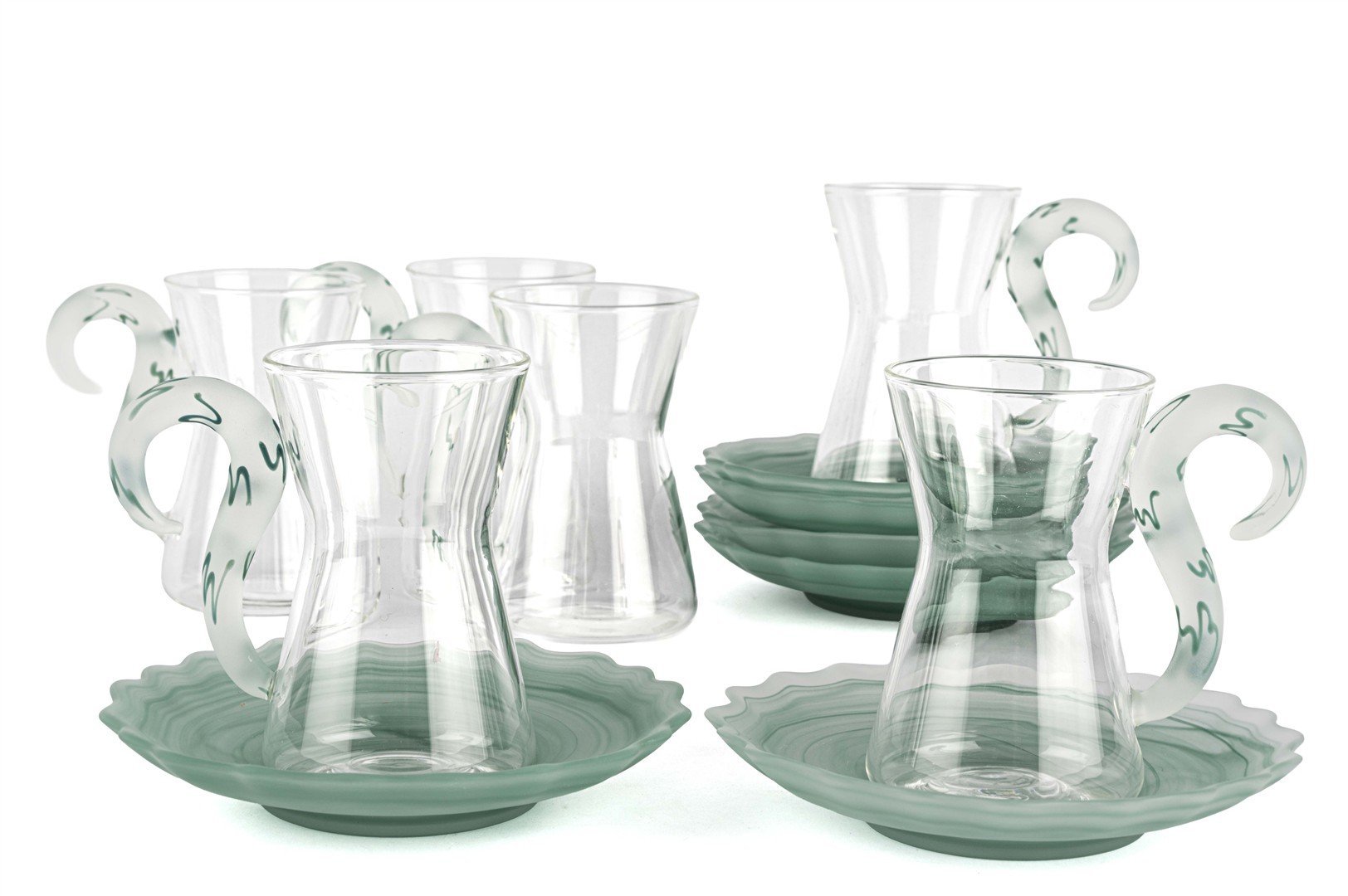 6lı Yeşil Kuğu Saplı Cam Çay Seti