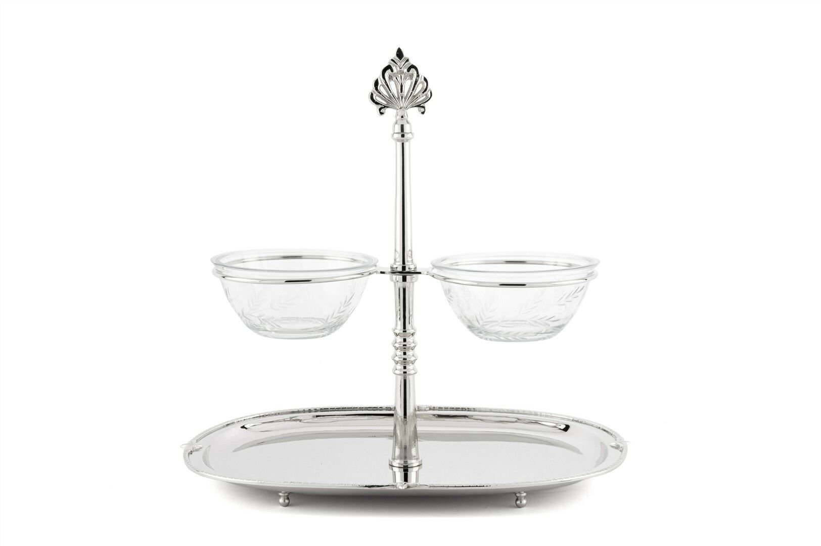 Gümüş 2li Cam Dip Soslu Oval Sunumluk 35x25x33cm