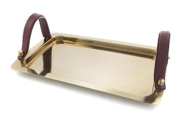 Kahve Deri Gold Çelik Tepsi 43x28x2cm