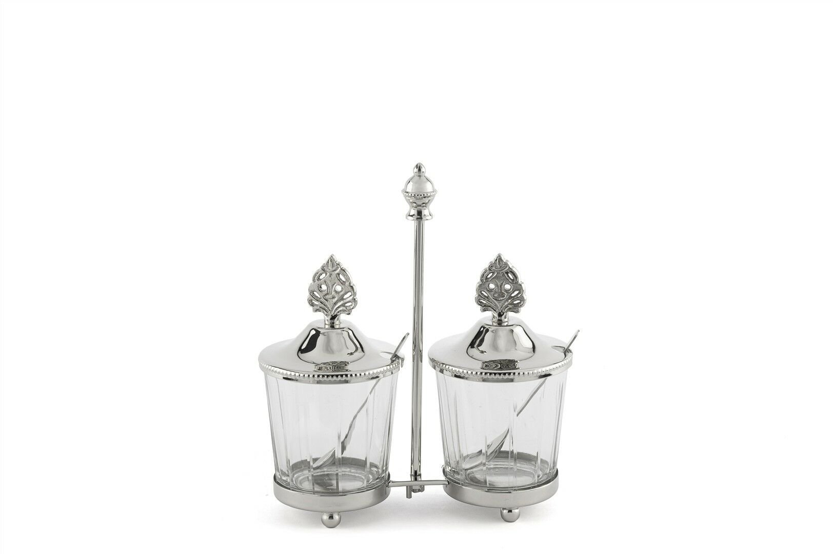 Gümüş Standlı Kapaklı 2li Cam Baharatlık 17x7x19cm