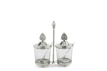Gümüş Standlı Kapaklı 2li Cam Baharatlık 17x7x19cm