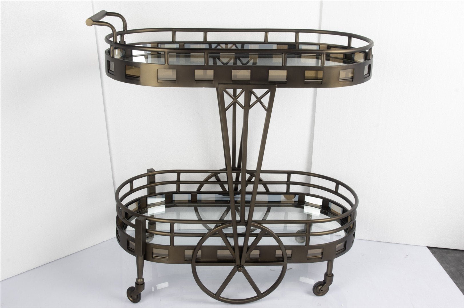 Antik Bronz Oval Çelik Servis Arabası 82x44x90cm