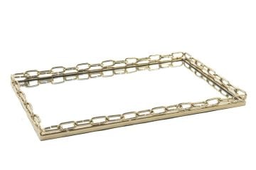 Gold Metal Dikdörtgen Aynalı Tepsi 41x26cm