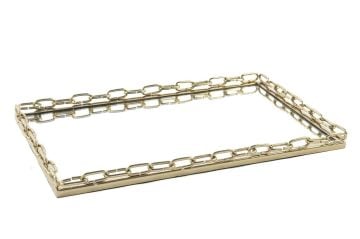 Gold Metal Dikdörtgen Aynalı Tepsi 41x26cm