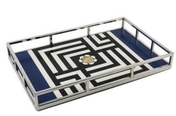 Gümüş Siyah Beyaz Desenli Tepsi 56x37x8cm