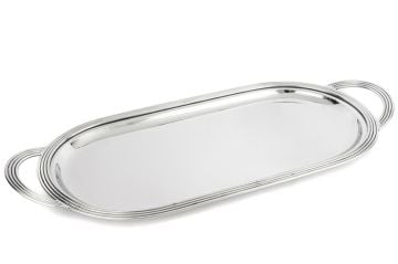 Gümüş Oval Kulplu Metal Tepsi 58x26cm