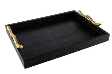 Siyah Gold Kulplu Deri Tepsi 45x33x4cm