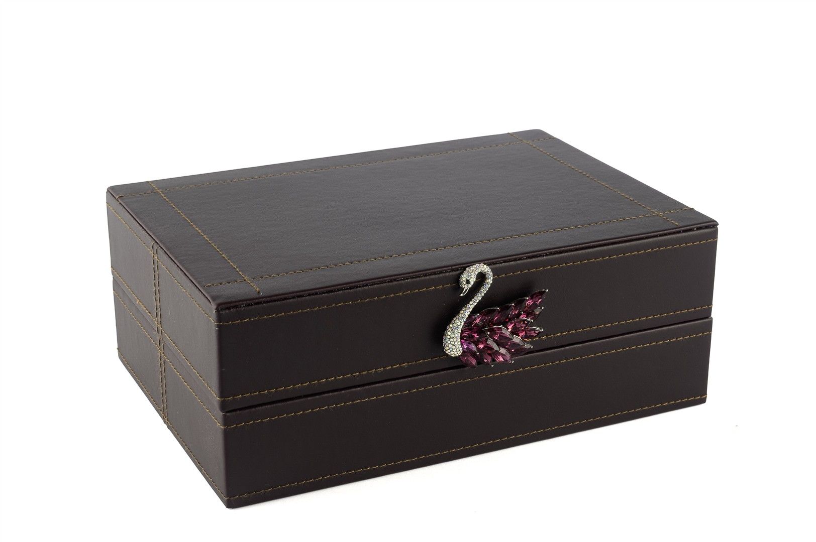 Koyu Mor Kuğu Kulplu Deri Kutu 26x18x10cm