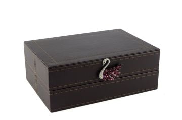 Koyu Mor Kuğu Kulplu Deri Kutu 26x18x10cm