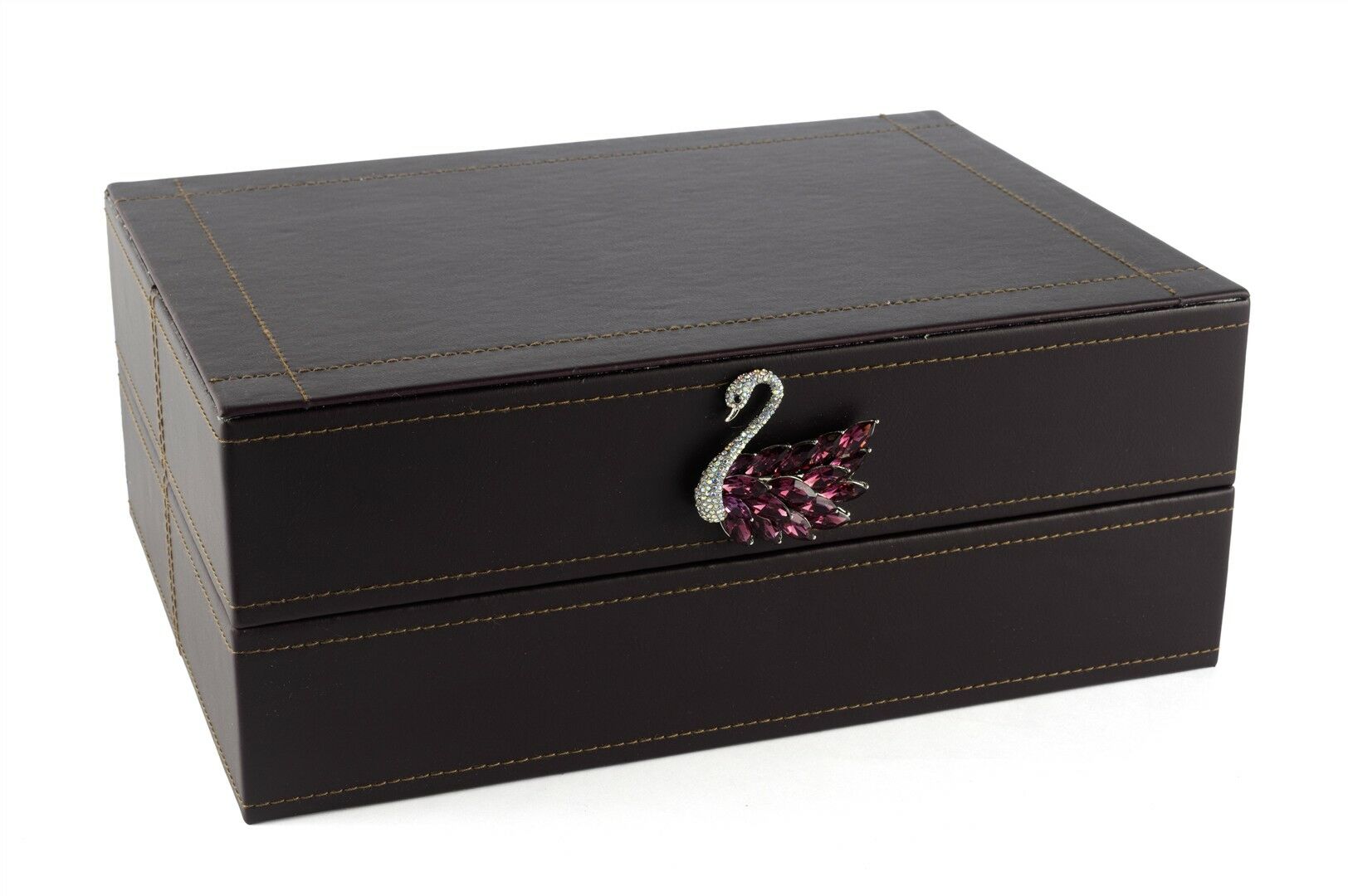 Koyu Mor Kuğu Kulplu Deri Kutu 30x22x12cm