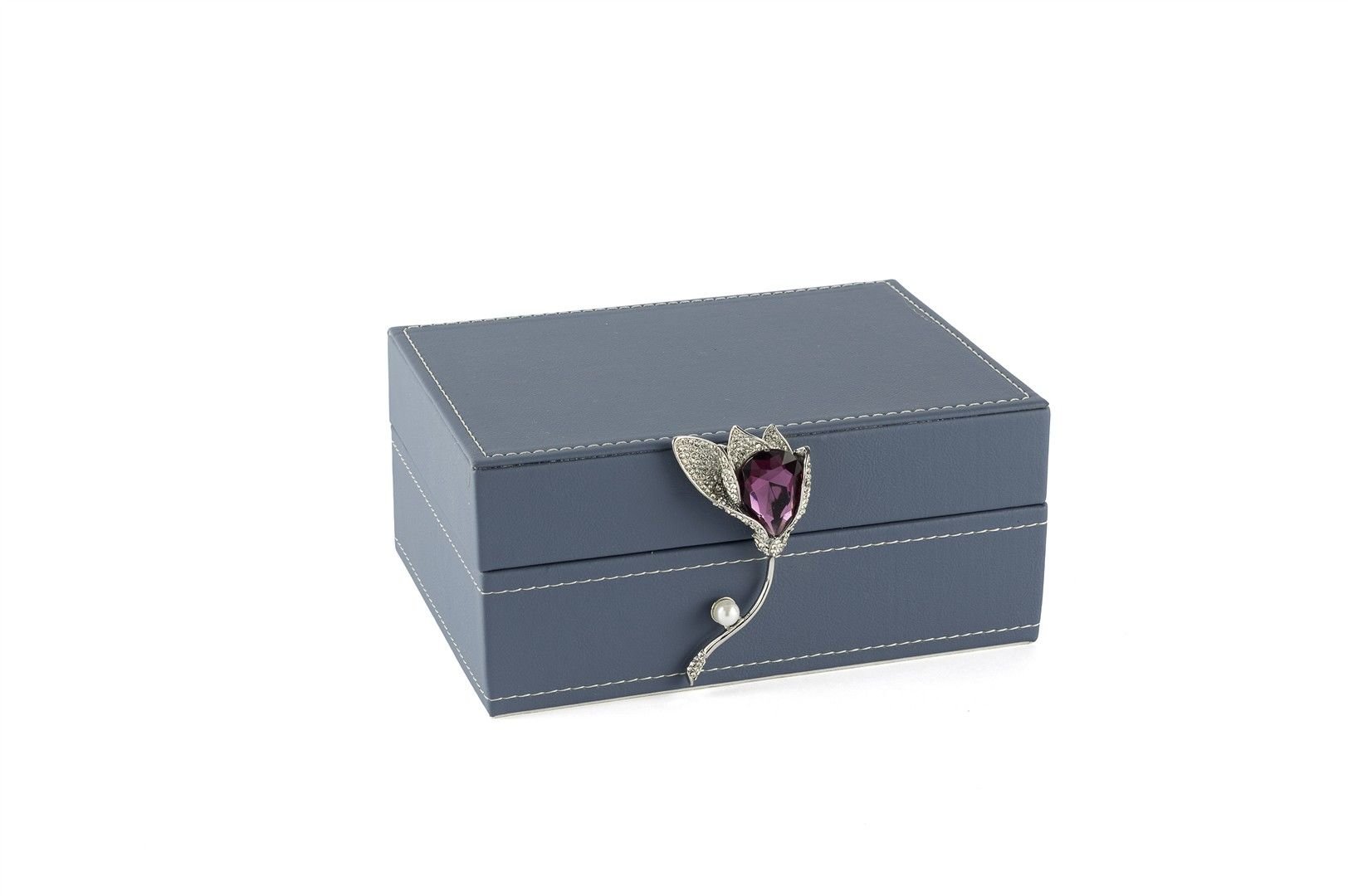 Mavi Çiçek Kulplu Deri Kutu 18x13x8cm