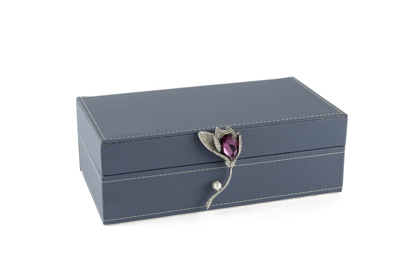 Mavi Çiçek Kulplu Deri Kutu 25x14x9cm